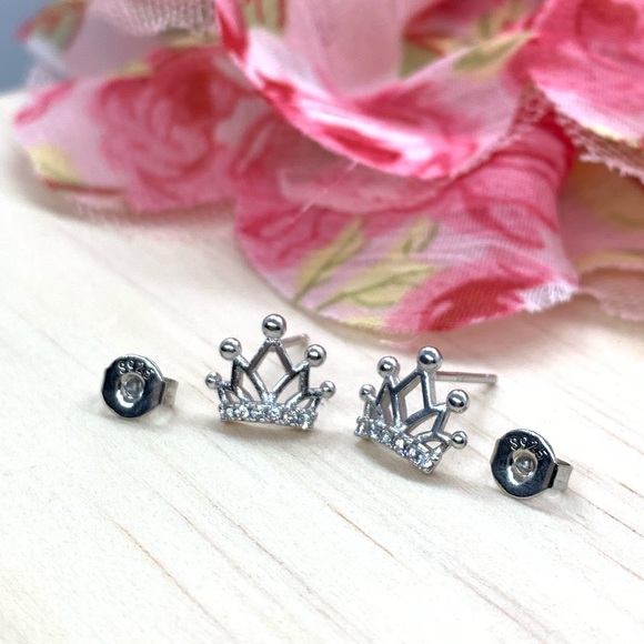 Sterling Silver 925 CZ Crown Stud Earrings - Picture 4 of 5